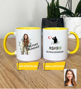 Kişiye Özel Karikatürlü Kadın Asker Kupa Bardak Asker Sevgiliye Doğum Günü Hediyesi (Sarı)