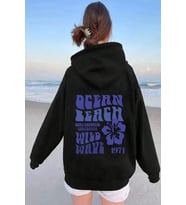 Ocean Beach Baskılı Oversize Sweatshirt (Siyah)