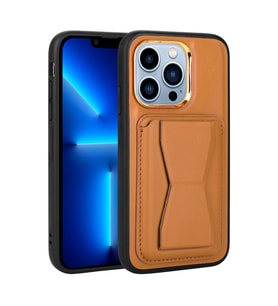 Uyumlu Model Apple iPhone 12 Pro Kılıf ?Pu Deri Kartlıklı Standlı Kapak (Açık Kahverengi)