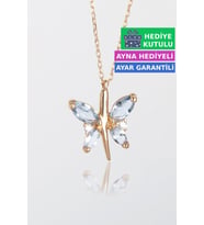 Jewelmim Mavi Gümüş Kelebek Kolye Rose Altın Kaplama Bayan Kelebekli 925 Ayar Kadın Gümüş Kelebek Kolyesi (Rose)