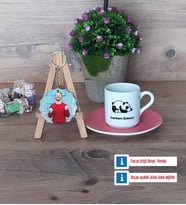 Uykucu Panda Türk Kahvesi Fincanı Ahşap Altlıklı ve Fotoğraflı Ahşap Anahtarlık Hediye (Model 6)