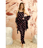 Sabahlıklı Dantel Detaylı Pegasus Kadın Pijama Takımı-Çeyizlik Takım- Geniş Beden Aralığı (Siyah-Kırmızı)