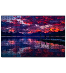 Cakapuzzle Mor Bulutlar, Günbatımı, Göl ve İskeledeki Adam  Puzzle Yapboz MDF (Ahşap) (500 Parça)