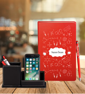 Kimya Öğretmenine Özel Deri Defter & Roller Kalem & Ahşap Mdf Kalemlik (Kırmızı)