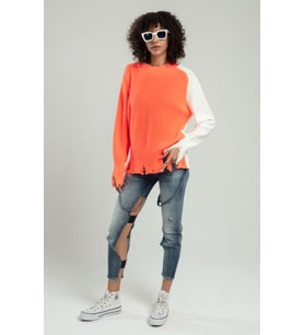 Sifu Tekstil  Kadın Yırtıklı Spor Italyan Kesim Oversize 4 Mevsimlik Triko Kazak. SFYZ2021 (Beyaz-Neon Turuncu)