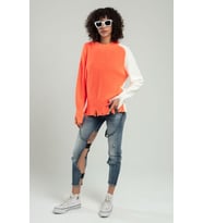 Sifu Tekstil  Kadın Yırtıklı Spor Italyan Kesim Oversize 4 Mevsimlik Triko Kazak. SFYZ2021 (Beyaz-Neon Turuncu)