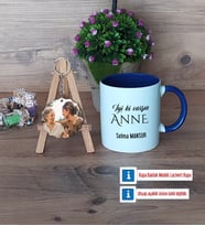 Anneye Doğum Günü Hediyesi Kupa Bardak Beyaz ve Fotoğraflı Ahşap Anahtarlık Hediye (Model 3)