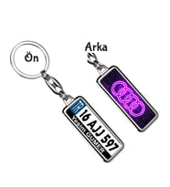 Kişiye Özel Plaka Metal Anahtarlık   Audi Neon Mor Logo (Gümüş)