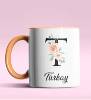 Kişiye Özel T Harfi Temalı Gül Tasarım Siyah Renk Kupa (Turuncu)