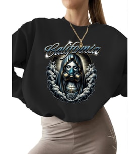 Sweatshirt unisex Bej Kaliforniya Baskılı Sweatshirt erkek 3 iplik şardonlu kalın bisiklet yaka (Siyah)