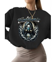 Sweatshirt unisex Bej Kaliforniya Baskılı Sweatshirt erkek 3 iplik şardonlu kalın bisiklet yaka (Siyah)