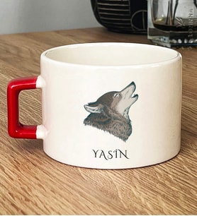 Kişiye Özel Kurt Baskılı Hediye Lüks Fincan Babaya Kardeşe Hediye (Kırmızı)