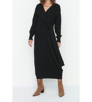 Moda Regular Casual Günlük Tek Plaka Triko Kruvaze Uzun Kol Kruvaze Maxi Boy Elbise (Siyah)