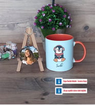 Tatlı Penguen Kupa Bardak Beyaz ve Fotoğraflı Ahşap Anahtarlık Hediye (Model 13)