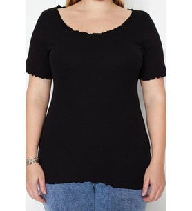 Moda Büyük Beden Kare Yaka Örme Fit Düz Desen Casual Günlük Regular Kısa Kol Bluz (Siyah)