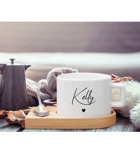 BK Gift Kişiye Özel İsimli Ahşap Altlıklı Seramik Fincan, Doğum Günü Hediyesi, Arkadaşa Hediye, Ev Hediyesi, Kahve ve Çay Bardak Seti (Model 3)