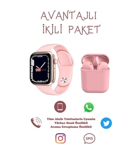 Tüm Akıllı Telefonlarla Uyumlu Yeni Nesil Watch 7 Series Akıllı Saat Smart Watch + i12 Kablosuz Bluetooth Kulaklık İkili Paket (Pembe)
