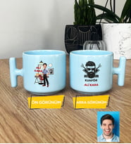 Kişiye Özel Karikatürlü Kuaför Hediye Pastel T Kupa Erkek Kuaföre Berbere Hediye (Mavi)