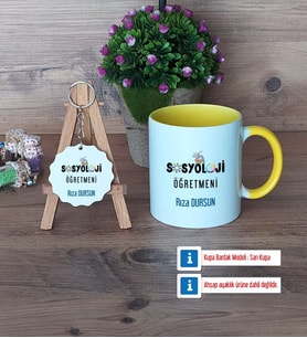 Sosyoloji Öğretmeni Kupa Bardak Kırmızı ve Ahşap Anahtarlık Hediye Öğretmenler Günü Hediyesi (Model 6)