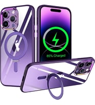 Apple iPhone 14 PRO Kılıf Standlı Magsafe Wireless Kablosuz Şarj Uyumlu Manyetik Renkli Şeffaf Kapak (Mor)