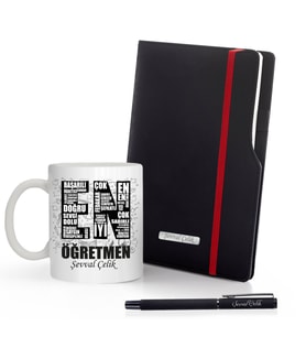 Kişiye Özel UV Baskılı Öğretmenler Günü İsme Özel Plakalı Siyah Defter & Siyah Roller Kalem ve Kupa Seti (Siyah)