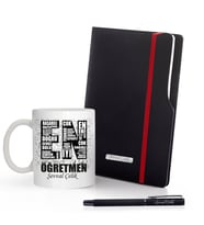Kişiye Özel UV Baskılı Öğretmenler Günü İsme Özel Plakalı Siyah Defter & Siyah Roller Kalem ve Kupa Seti (Siyah)