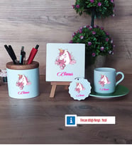 Unicorn Hediye Seti Dekoratif Taş, Kalemlik, Ahşap Altlıklı Türk Kahvesi Fincanı, Ahşap Anahtarlık Hediye (Model 9)