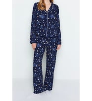 Tarz Rahat Uzun Kollu Boru Paça Galaksi Desenli Viskon Dokuma Pijama Takımı (İndigo)