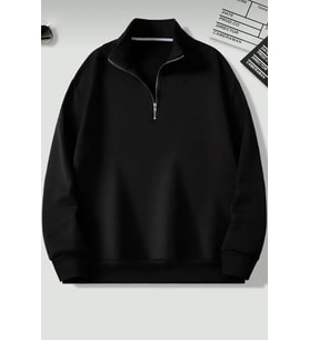 Dik Yaka Yarım Fermuarlı Düz Kazak Sweatshirt (Siyah)