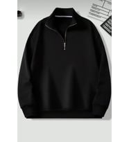 Dik Yaka Yarım Fermuarlı Düz Kazak Sweatshirt (Siyah)