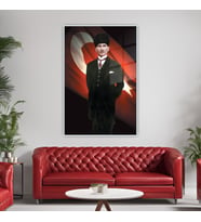 Metal Çerçeveli Temperli Cam Tablo Türk Bayrağı ve Atatürk (Gümüş)