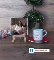 İsme Özel İsim Yazılı Fotoğraflı Dekoratif Taş, Ahşap Altlıklı Türk Kahvesi Fincanı Hediye (Model 3)