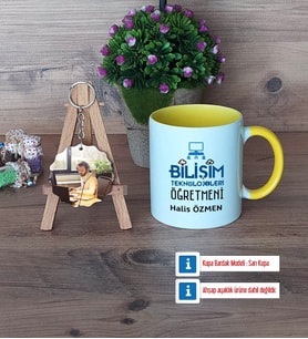 Bilişim Teknolojileri Öğretmeni Kupa Bardak Beyaz ve Fotoğraflı Ahşap Anahtarlık Hediye Öğretmenler Günü Hediyesi (Model 7)