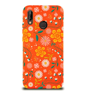 Huawei P 20 Lite Uyumlu Lansman Kılıf Çiçek Tasarımlı İçi Kadife Kapak (Turuncu)