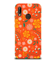 Huawei P 20 Lite Uyumlu Lansman Kılıf Çiçek Tasarımlı İçi Kadife Kapak (Turuncu)