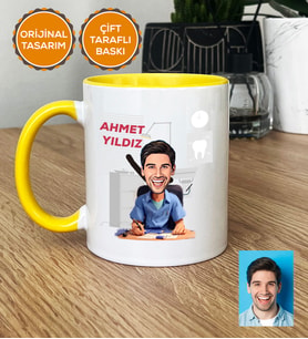 Kişiye Özel Karikatürlü Diş Hekimi Hediye Kupa Bardak Erkek Diş Hekimine Tıp Bayramı Hediyesi (Sarı)