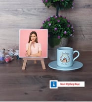 Baykuş Fotoğraflı Dekoratif Taş, Ahşap Altlıklı Türk Kahvesi Fincanı Hediye (Model 2)