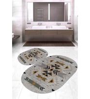 Dijital Baskılı Kaymaz Taban Yıkanabilir Oval 2'li Klozet Takımı Banyo Paspası NOKZ-SD-1103 (Çok Renkli)