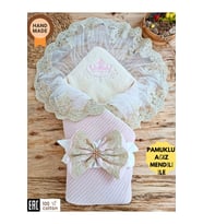 Mint Triko Örgü Bebek Kundağı - Pamuklu & Dantelli Yenidoğan Bebek Battaniyesi (Pudra)