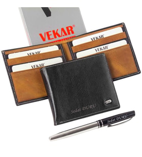 Kişiye Özel Vekar Deri Erkek Cüzdanı İnce Tasarımlı V002 (Taba)