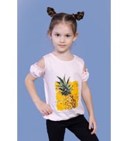 Toontoy Kız Çocuk Kolları Detaylı  Ananas Baskılı Tişört (Pudra)