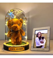 Kişiye Özel Fotoğraflı ve İsimli Hediye Seti, Renkli Peluş ve Led Işıklı Fanus HA2 (Kahverengi)