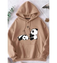 Unisex Panda Baskılı Oversize Sweatshirt (Bej)