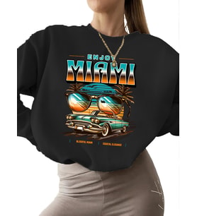 kadın Bej kalın bisiklet yaka Miami'nin tadını çıkarın Baskılı Sweatshirt unisex 3 iplik şardonlu (Siyah)