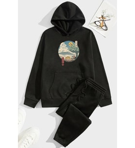 Unisex Neighbor's Ukiyo e Eşofman Takımı (Siyah)