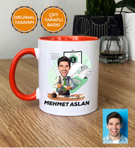 Kişiye Özel Karikatürlü Muhasebeci Hediye Kupa Bardak Erkek Muhasebeciye Hediye (Turuncu)