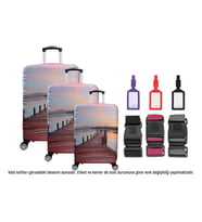 Bagacar Kalp 3lü Set Valiz Kılıfı, 3 lü Valiz Kemeri, 3lü Valiz Etiketi (Turkuaz-Rodyum)