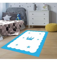 Kral Tacı Desenli Dijital Baskı Yıkanabilir Kaymaz Taban Çocuk Bebek Odası Halısı (Beyaz)