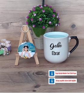 Gelin Kupa Bardak Beyaz ve Fotoğraflı Ahşap Anahtarlık Hediye (Model 10)