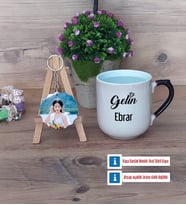 Gelin Kupa Bardak Beyaz ve Fotoğraflı Ahşap Anahtarlık Hediye (Model 10)